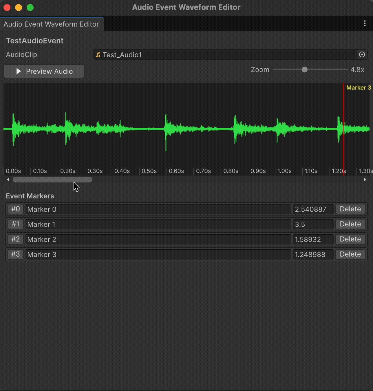 Playback cursor moving across a waveform with audio event markers